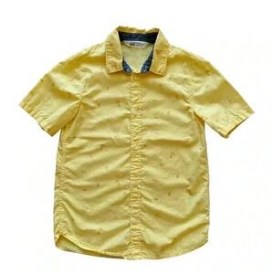 H&M Yellow Short Sleeves Palm Tree Cotton Print Button Down Shirt SZ 7 #2222